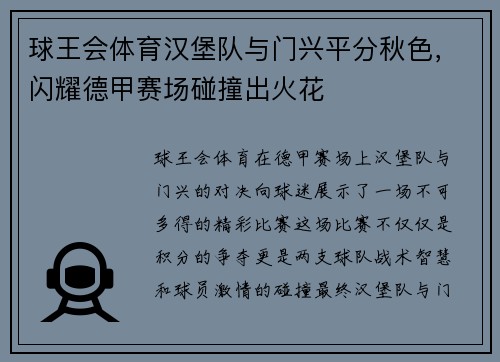 球王会体育汉堡队与门兴平分秋色，闪耀德甲赛场碰撞出火花