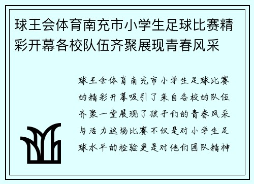 球王会体育南充市小学生足球比赛精彩开幕各校队伍齐聚展现青春风采