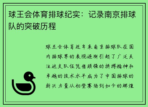 球王会体育排球纪实：记录南京排球队的突破历程